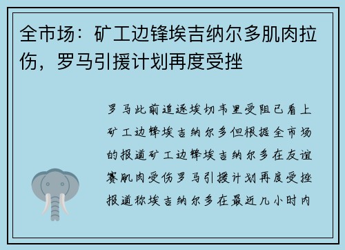 全市场：矿工边锋埃吉纳尔多肌肉拉伤，罗马引援计划再度受挫
